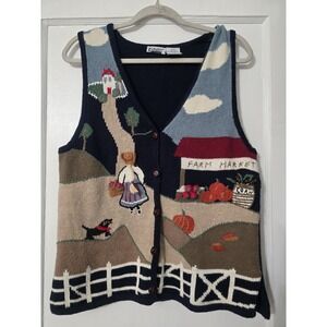 Capacity Women's M Sweater Vest Fall Pumpkin Farm Market 3D Embroidered‎ Vtg.